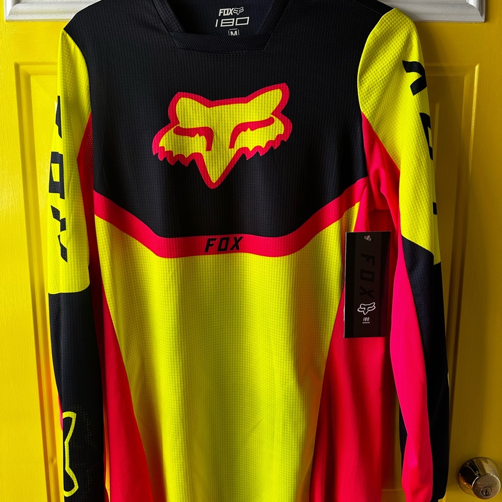 Fox Women's Yellow and Navy Racing Jersey with Bright Pink Accents
